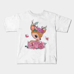 Cute roe deer with flowers on its head. Kids T-Shirt